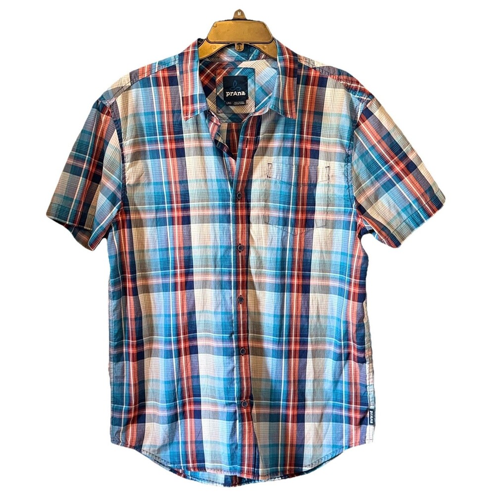 prAna Men's Plaid Short Sleeve Button Up Shirt Benton Breathe Outdoor Sz L EUC